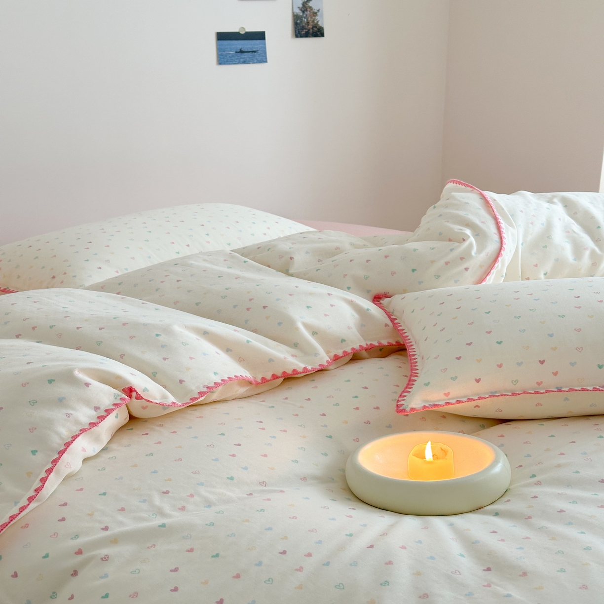 91家纺网 家纺一手货源 找家纺 2025新款工艺款全棉双层纱小清新贝壳边四件套 简爱