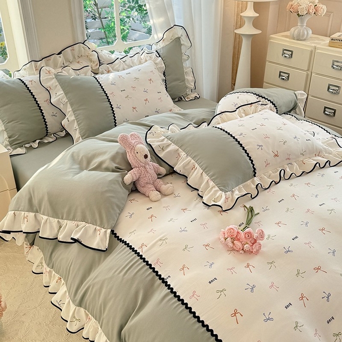 91家纺网 家纺一手货源 找家纺 大麦家纺 2025新款韩式花边亲肤棉四件套 蝴蝶结