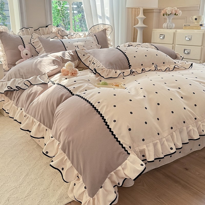 91家纺网 家纺一手货源 找家纺 大麦家纺 2025新款韩式花边亲肤棉四件套 波点