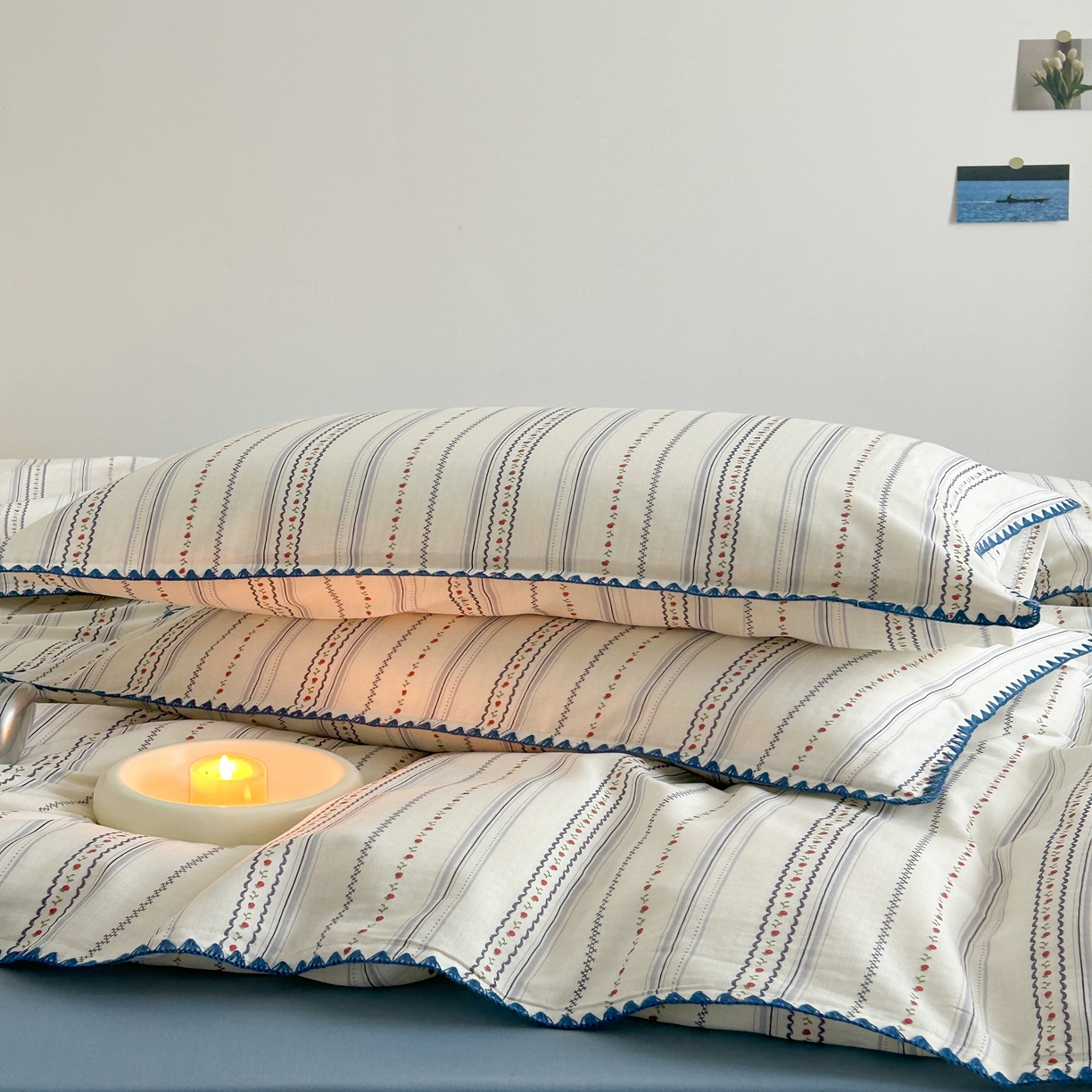 91家纺网 家纺一手货源 找家纺 2025新款工艺款全棉双层纱小清新贝壳边四件套 花韵