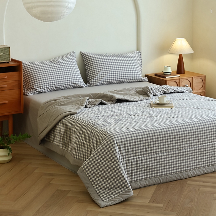 91家纺网 家纺一手货源 找家纺 雯雨家纺 2025新款A类无印风里外全棉纯棉水洗棉新疆棉花夏被夏凉被空调被 灰小格