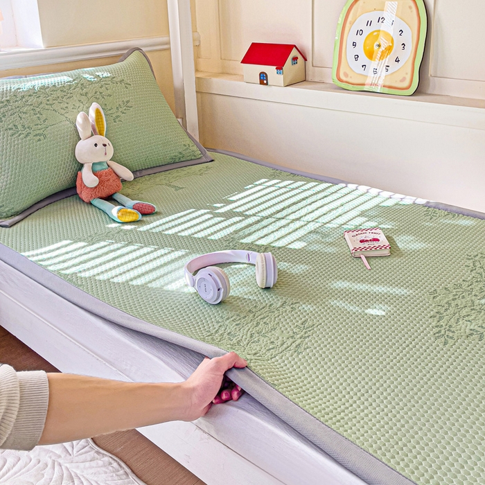 91家纺网 家纺一手货源 找家纺 富馨莱 2025新款A类480克PE凉感凉豆豆凉席三件套和单件学生款 发财树-绿