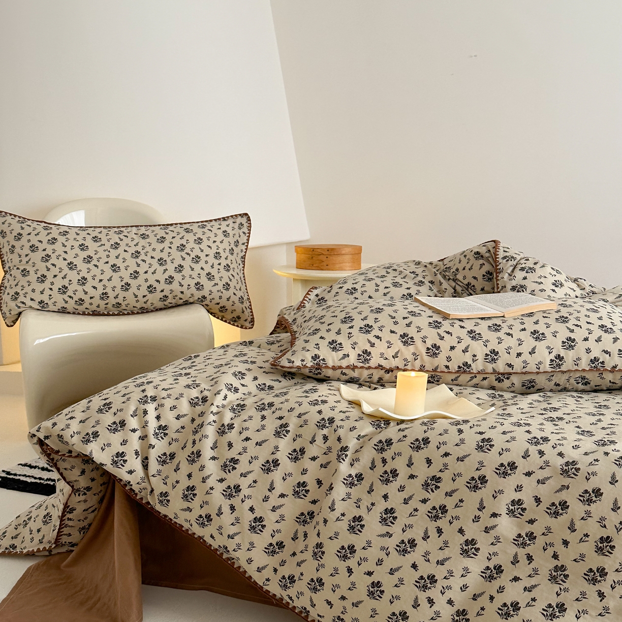 91家纺网 家纺一手货源 找家纺 2025新款工艺款全棉双层纱小清新贝壳边四件套 婉墨