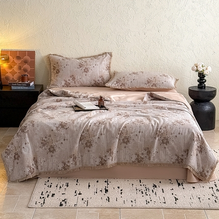 2025新款全棉三层纱提花夏被四件套 花恋-浅咖