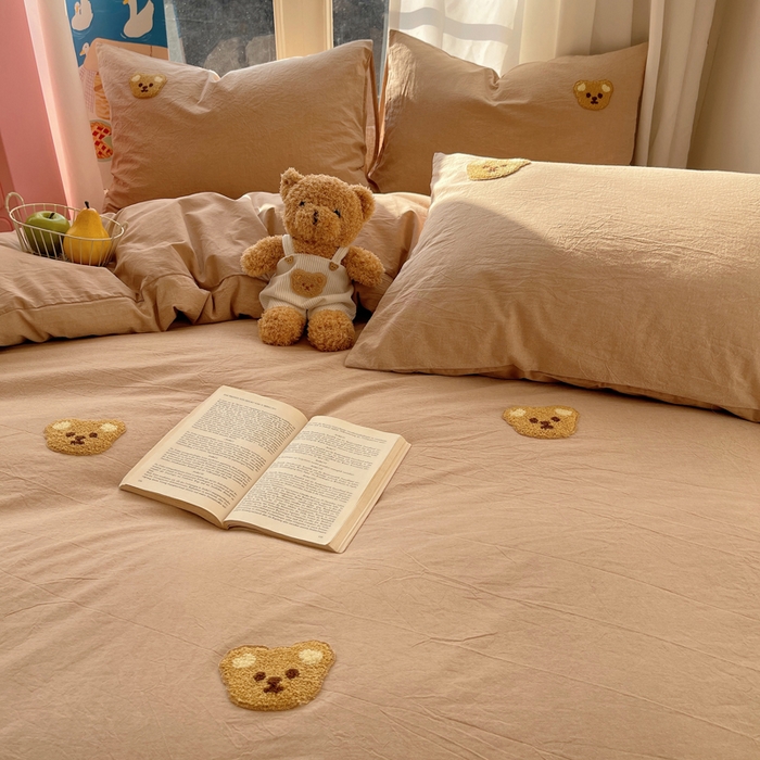 91家纺网 家纺一手货源 找家纺 慕尚家纺 2025新款春夏新款色织水洗棉毛巾绣四件套 嘟嘟熊 咖