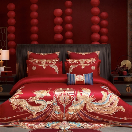 用心 2025新款长绒棉重工绣婚庆四件套 龙凤禧绣
