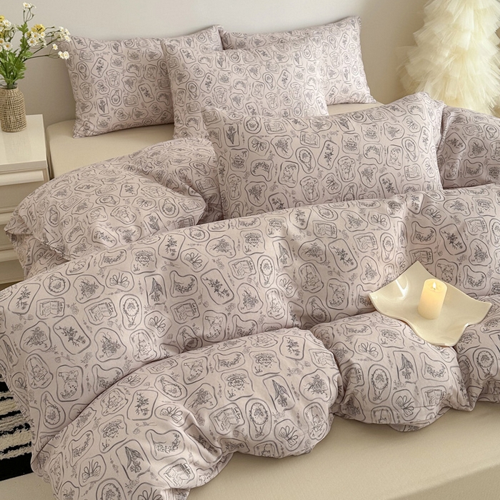 91家纺网 家纺一手货源 找家纺 塞纳 2026新款.全棉有氧双层纱四件套-场景一 浪漫主义-灰