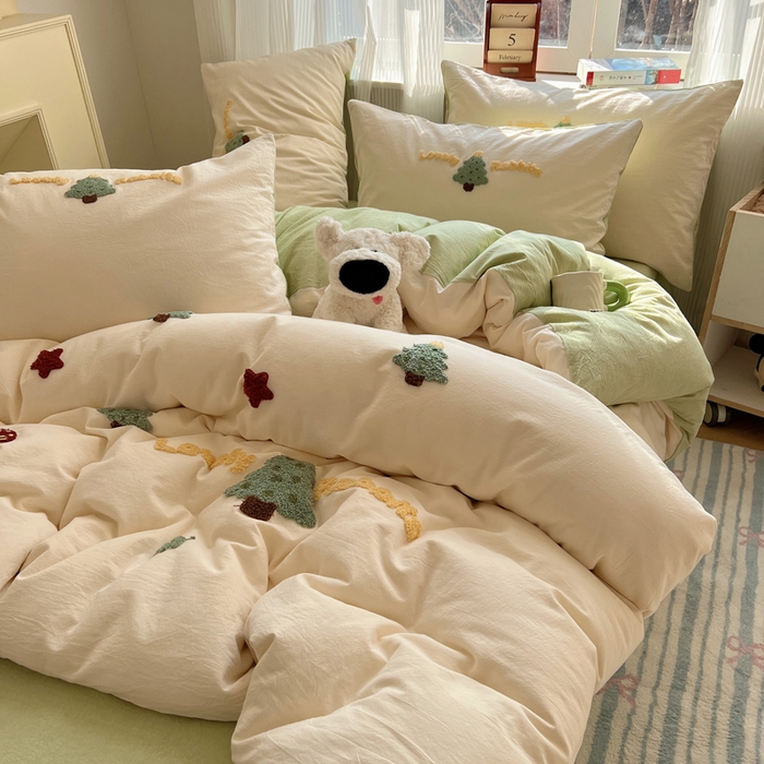 91家纺网 家纺一手货源 找家纺 慕尚家纺 2025新款春夏新款色织水洗棉毛巾绣四件套 圣诞树 绿