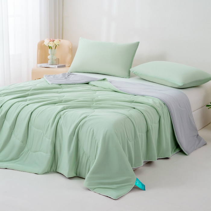 91家纺网 家纺一手货源 找家纺 好梦来家纺（原锦茂家纺） 2026新款印花凉感丝抗菌夏被 绿拼灰