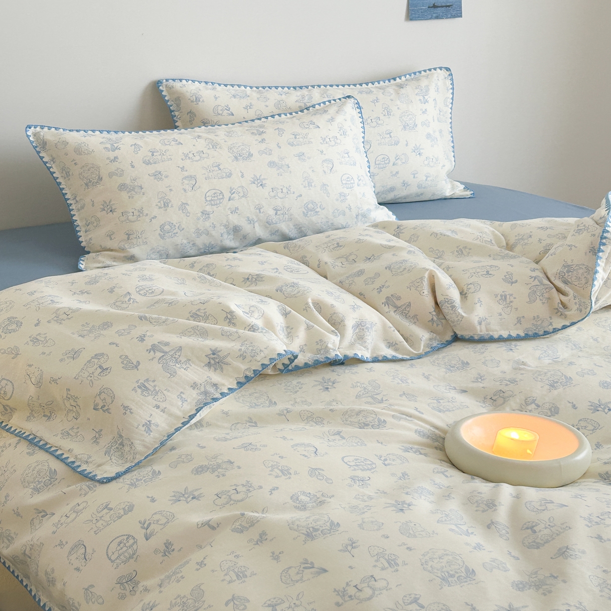 91家纺网 家纺一手货源 找家纺 2025新款工艺款全棉双层纱小清新贝壳边四件套 森林物语