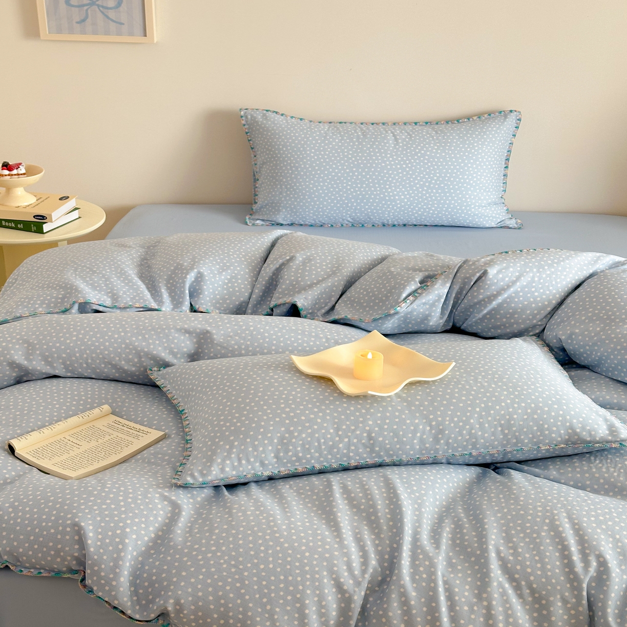 91家纺网 家纺一手货源 找家纺 2025新款工艺款全棉双层纱小清新贝壳边四件套 觅夏