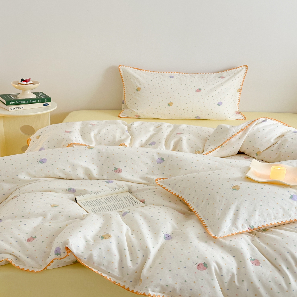 91家纺网 家纺一手货源 找家纺 2025新款工艺款全棉双层纱小清新贝壳边四件套 奶球