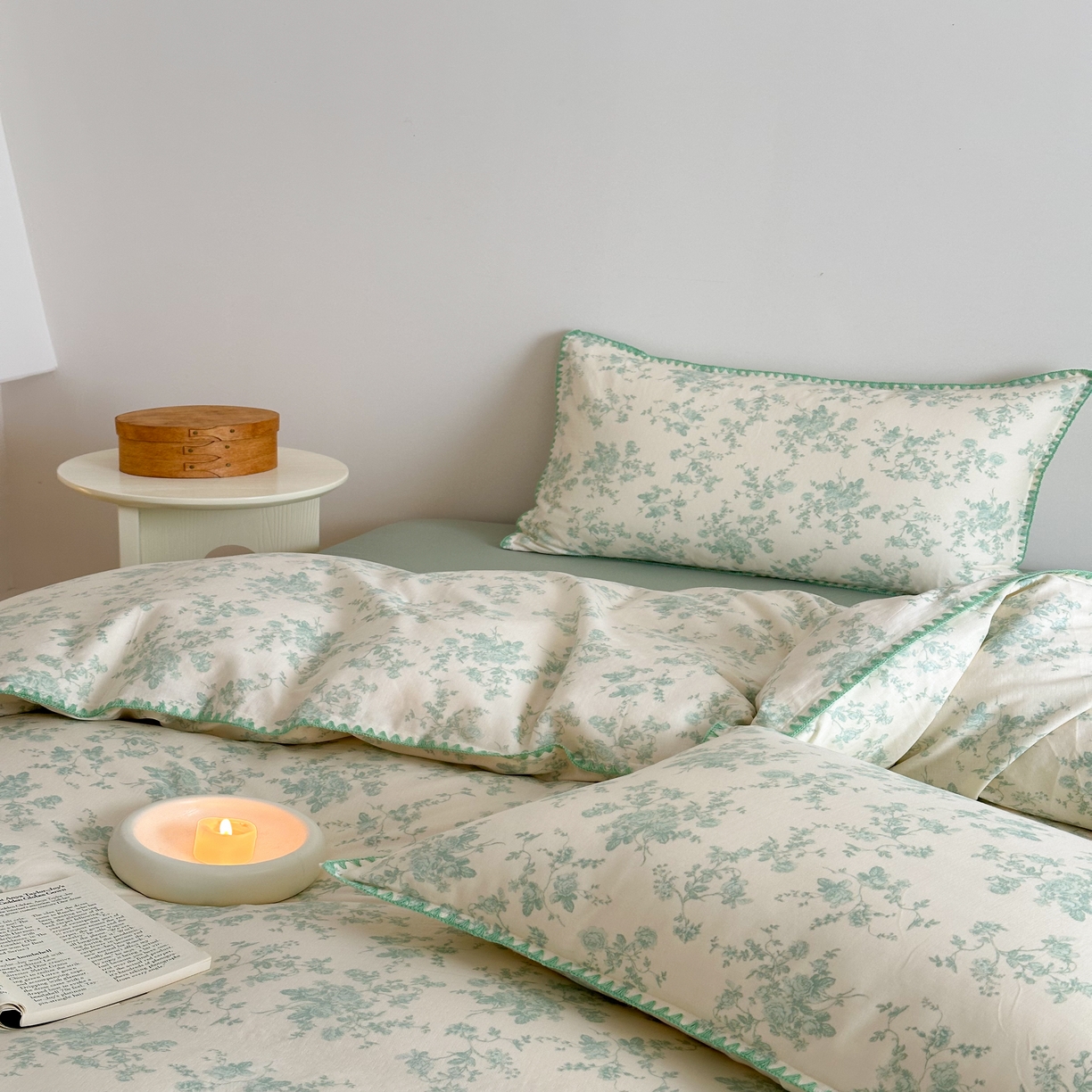 91家纺网 家纺一手货源 找家纺 2025新款工艺款全棉双层纱小清新贝壳边四件套 梨漫