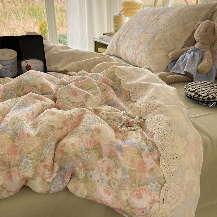 91家纺网 家纺一手货源 找家纺 （总）HL原创 2025法式花边油画风全棉双层纱四件套