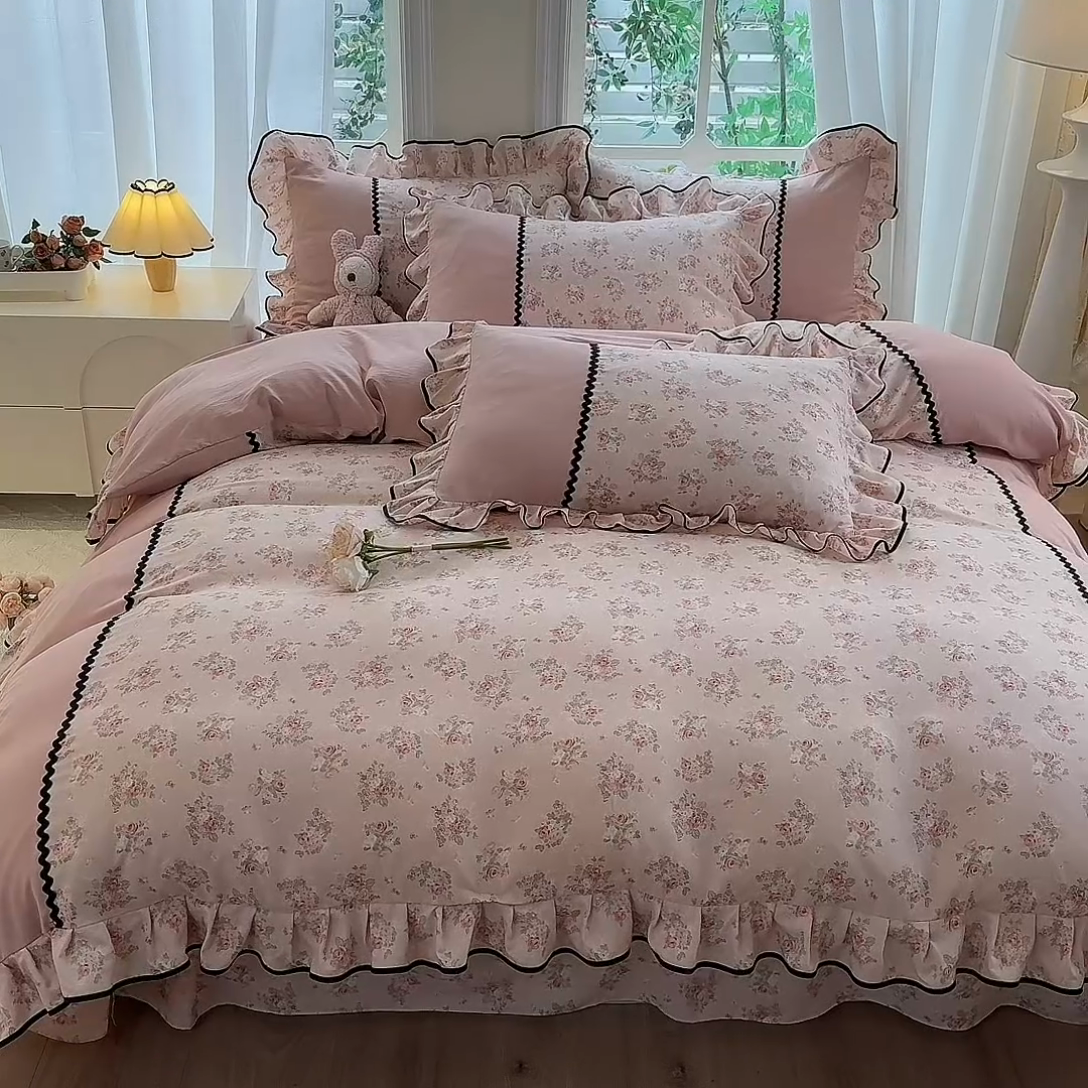 91家纺网 家纺一手货源 找家纺 大麦家纺 2025新款韩式花边亲肤棉四件套 繁花