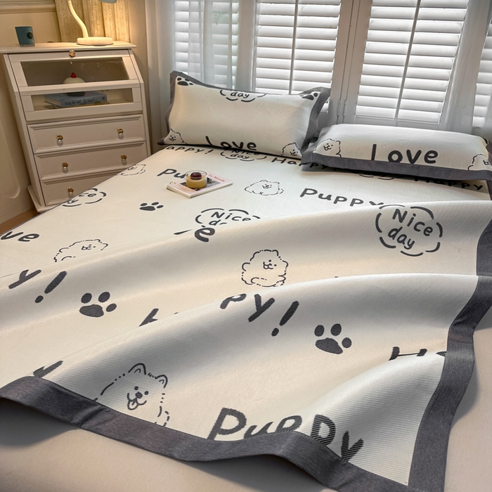 91家纺网 家纺一手货源 找家纺 席佬大 2025新款高克重卡通数码印花冰藤席床席床笠款 快乐小狗-平铺款-平铺款