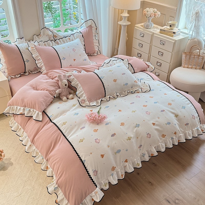 91家纺网 家纺一手货源 找家纺 大麦家纺 2025新款韩式花边亲肤棉四件套 好多鱼