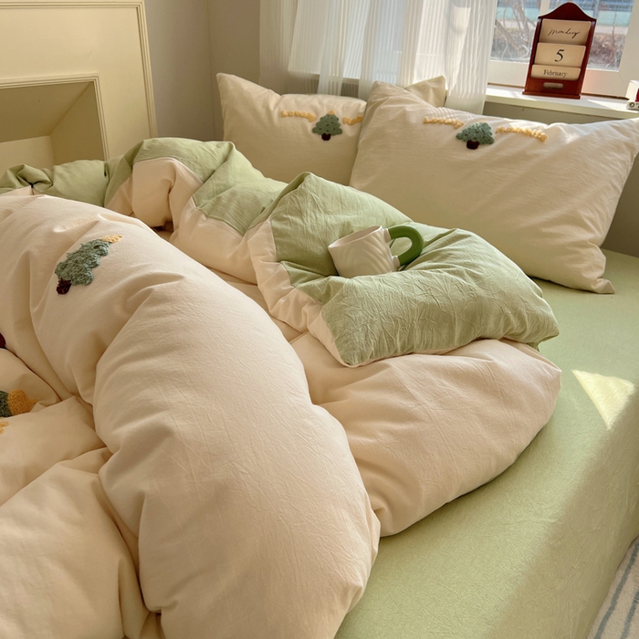 91家纺网 家纺一手货源 找家纺 慕尚家纺 2025新款春夏新款色织水洗棉毛巾绣四件套 圣诞树 绿