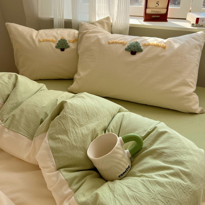 91家纺网 家纺一手货源 找家纺 慕尚家纺 2025新款春夏新款色织水洗棉毛巾绣四件套 圣诞树 绿