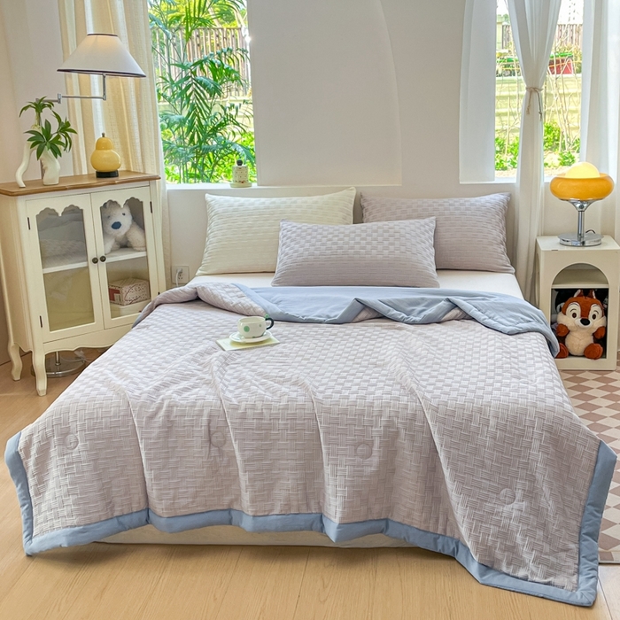 91家纺网 家纺一手货源 找家纺 欧邦 2025新款华夫格水洗棉夏被 灰＋蓝