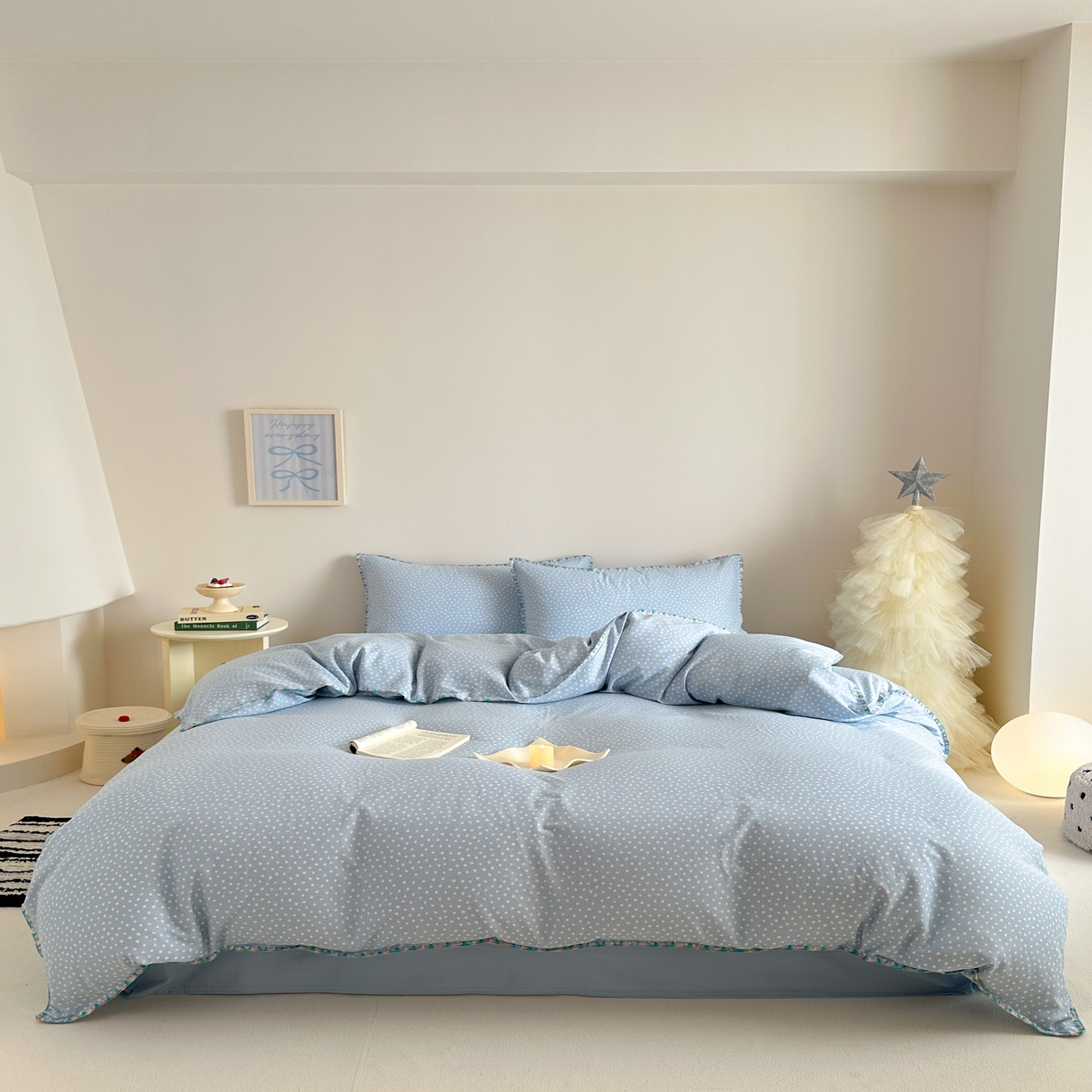 91家纺网 家纺一手货源 找家纺 2025新款工艺款全棉双层纱小清新贝壳边四件套 觅夏