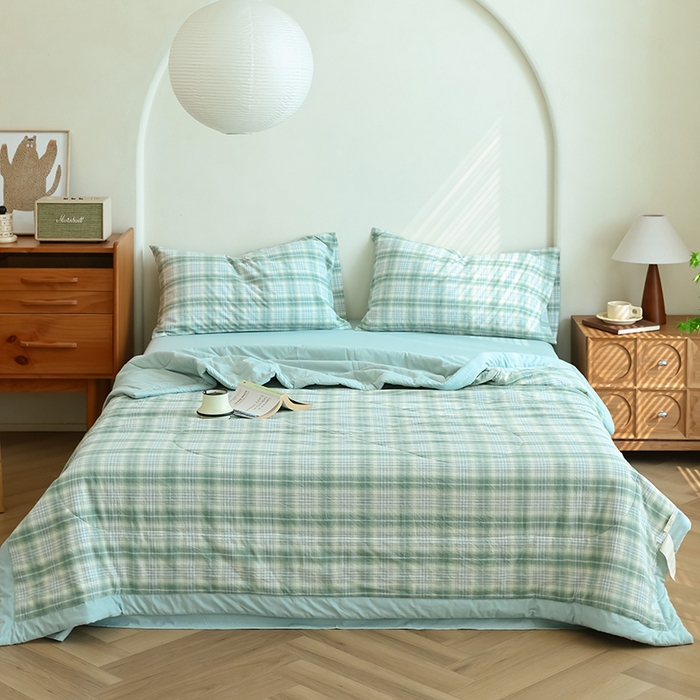 91家纺网 家纺一手货源 找家纺 雯雨家纺 2025新款A类无印风里外全棉纯棉水洗棉新疆棉花夏被夏凉被空调被 光年绿