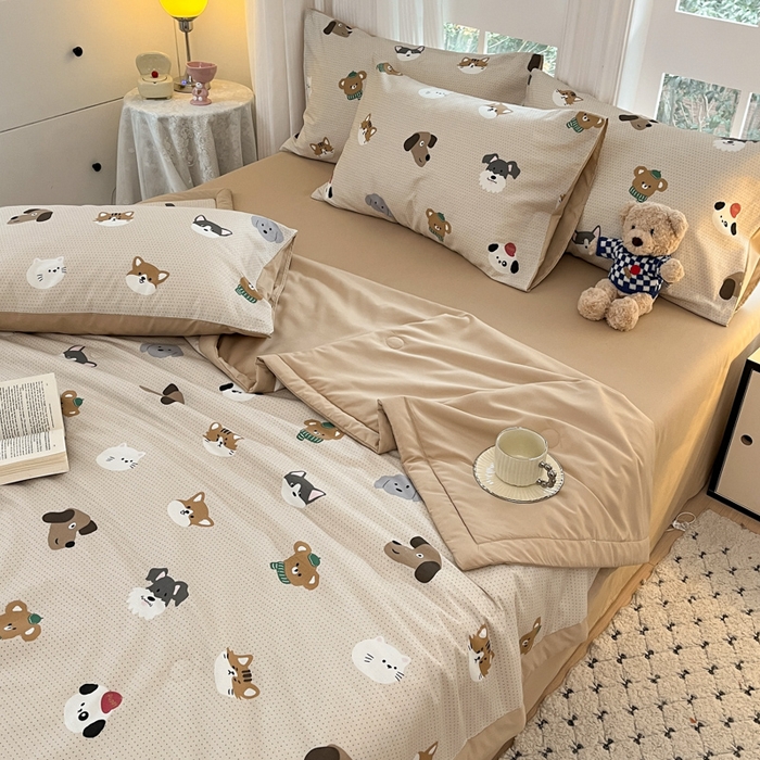 91家纺网 家纺一手货源 找家纺 一加一 2025新款A棉B水洗棉大豆夏被四件套 哈皮狗