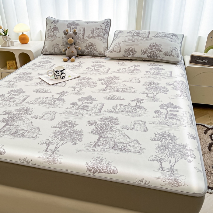 91家纺网 家纺一手货源 找家纺 2025春夏新款独家研发太空层凉感软席冰丝印花凉席床笠款 秘密庄园