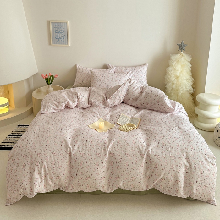 91家纺网 家纺一手货源 找家纺 2025新款全棉有氧A类母婴级双层纱印花四件套 拾秋-米粉