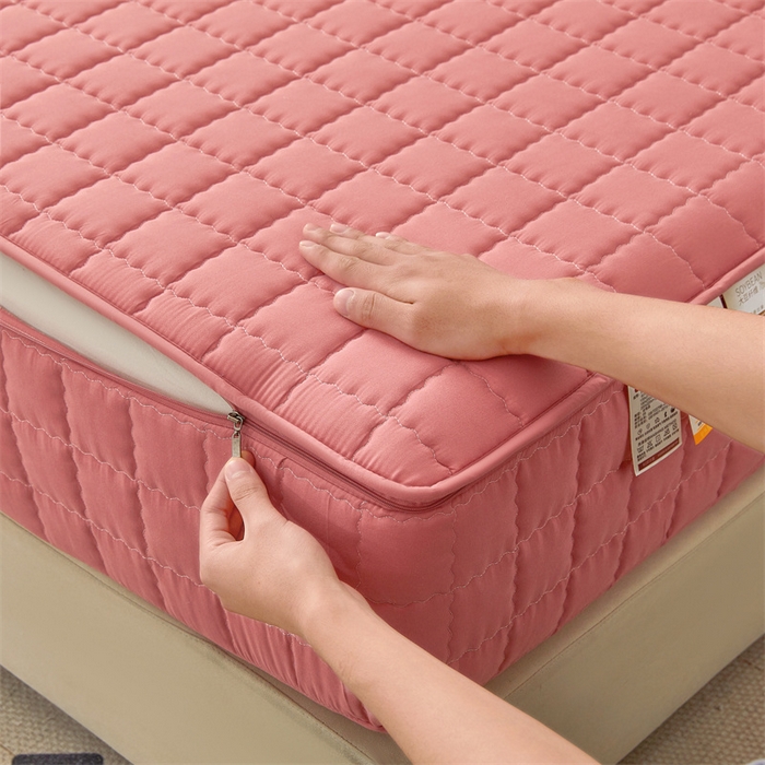 91家纺网 家纺一手货源 找家纺 欧邦 2025新款水洗原棉六面全包夹棉床笠 珠玉粉