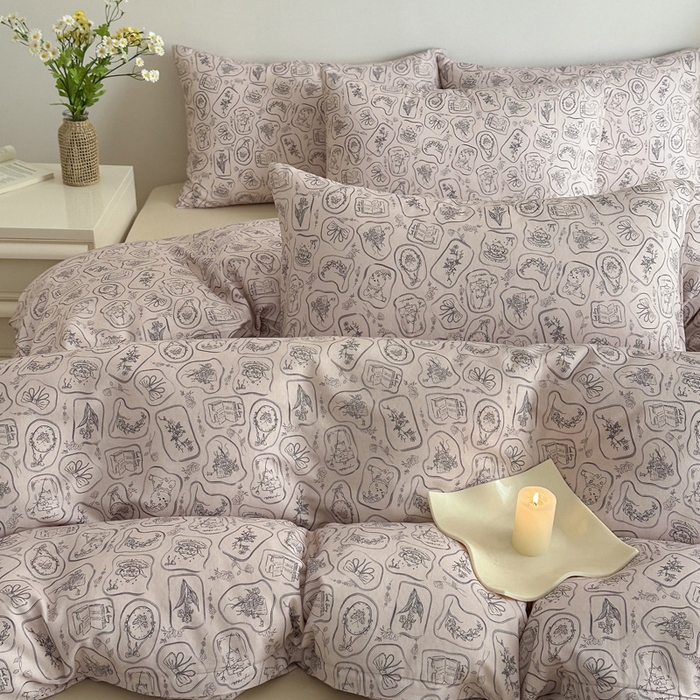 91家纺网 家纺一手货源 找家纺 塞纳 2026新款.全棉有氧双层纱四件套-场景一 浪漫主义-灰