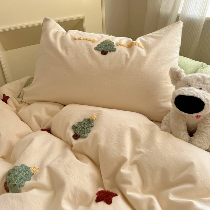 91家纺网 家纺一手货源 找家纺 慕尚家纺 2025新款春夏新款色织水洗棉毛巾绣四件套 圣诞树 绿