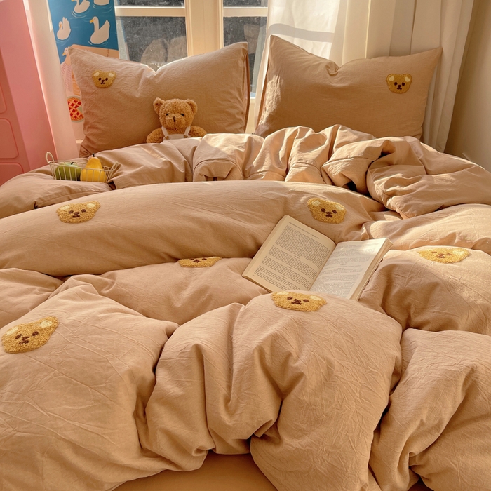 91家纺网 家纺一手货源 找家纺 慕尚家纺 2025新款春夏新款色织水洗棉毛巾绣四件套 嘟嘟熊 咖