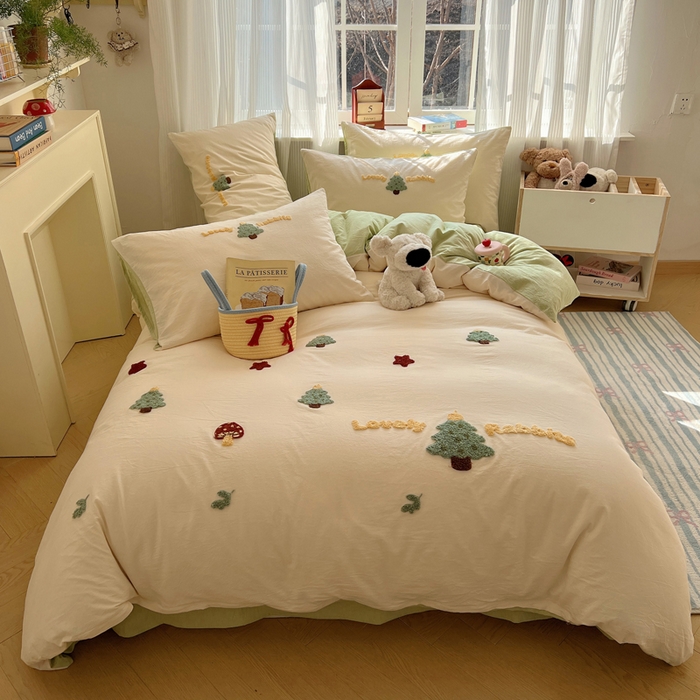 91家纺网 家纺一手货源 找家纺 慕尚家纺 2025新款春夏新款色织水洗棉毛巾绣四件套 圣诞树 绿