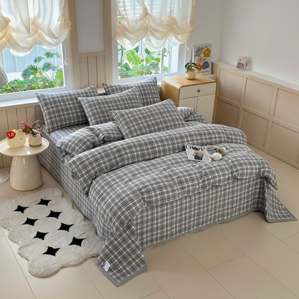 梦精灵家纺 2025新款全棉纯棉色织水洗棉床盖四件套加大尺寸单被套枕套 利奥-蓝