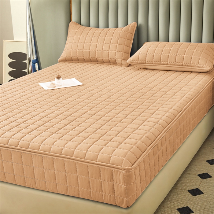 91家纺网 家纺一手货源 找家纺 欧邦 2025新款水洗原棉六面全包夹棉床笠 羊驼色