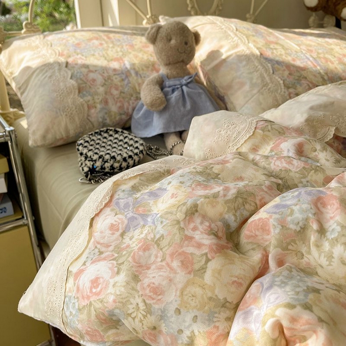 91家纺网 家纺一手货源 找家纺 （总）HL原创 2025法式花边油画风全棉双层纱四件套