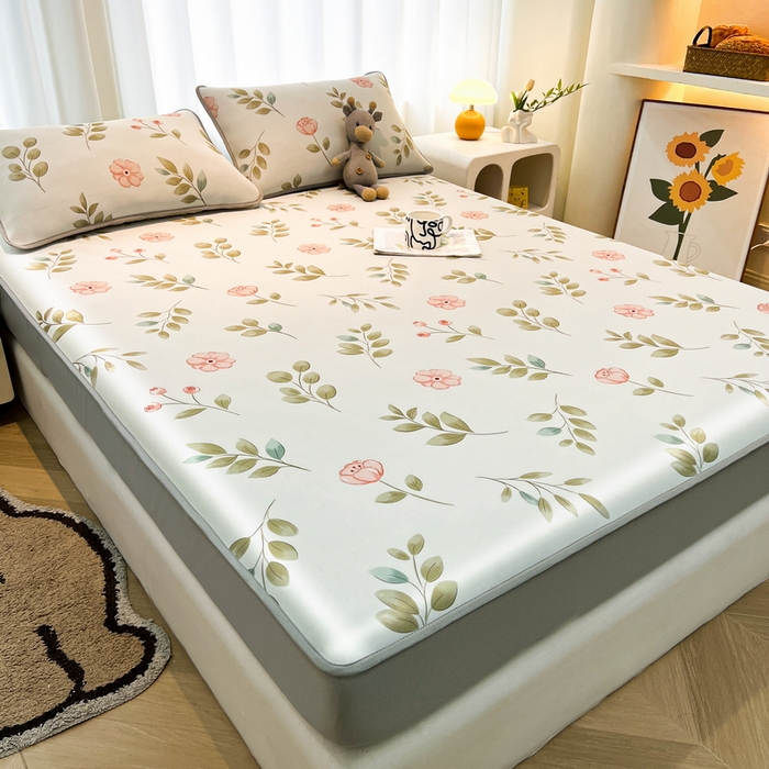 91家纺网 家纺一手货源 找家纺 2025春夏新款独家研发太空层凉感软席冰丝印花凉席床笠款 莫妮卡