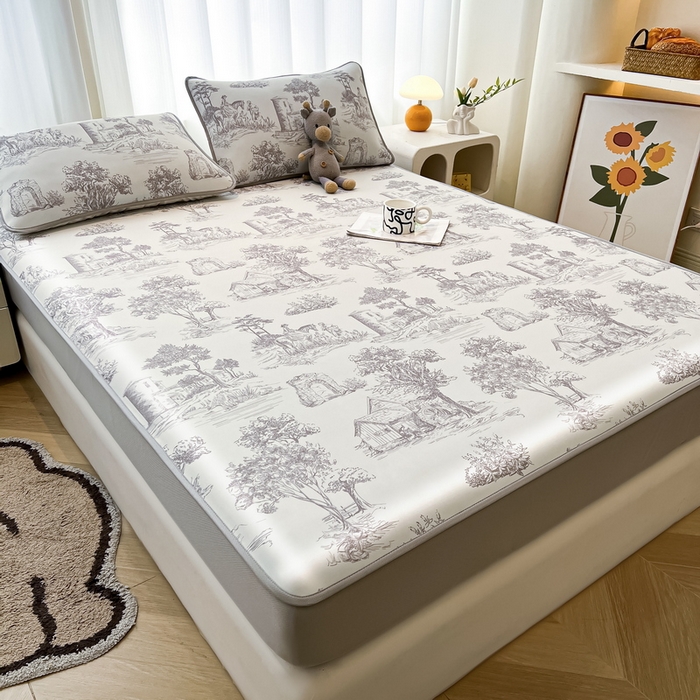 91家纺网 家纺一手货源 找家纺 2025春夏新款独家研发太空层凉感软席冰丝印花凉席床笠款 秘密庄园