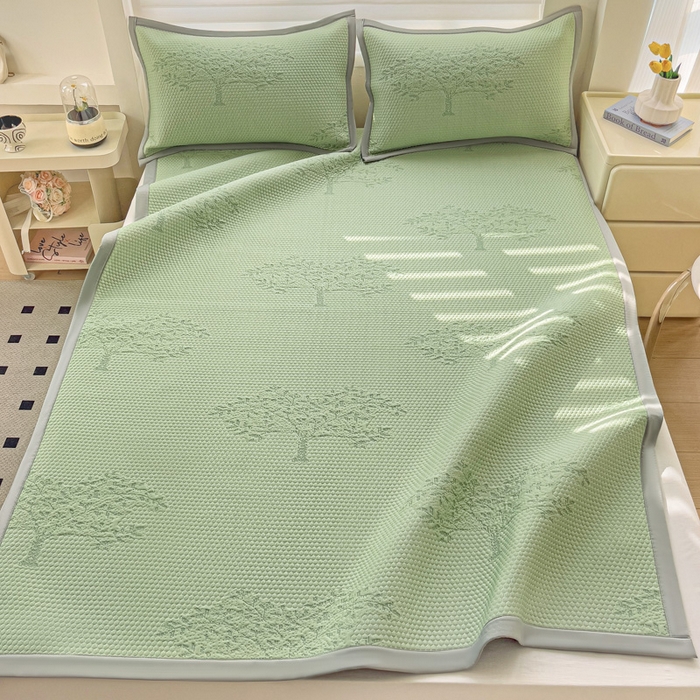 91家纺网 家纺一手货源 找家纺 富馨莱 2025新款A类480克PE凉感凉豆豆凉席三件套和单件平铺款 发财树-绿