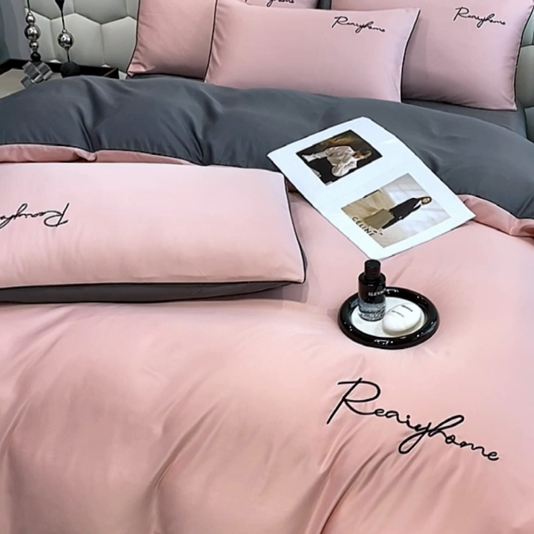 91家纺网 家纺一手货源 找家纺 富宁2025新款水洗真丝时光字母冰丝刺绣四件套 高级灰