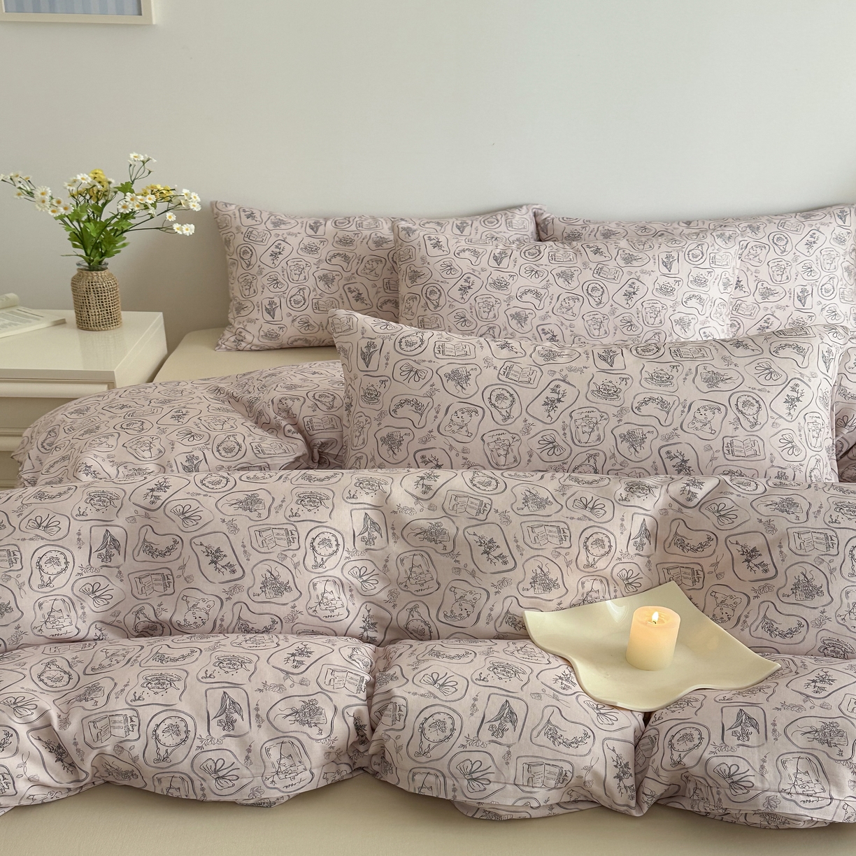 91家纺网 家纺一手货源 找家纺 塞纳 2026新款.全棉有氧双层纱四件套-场景一 浪漫主义-灰