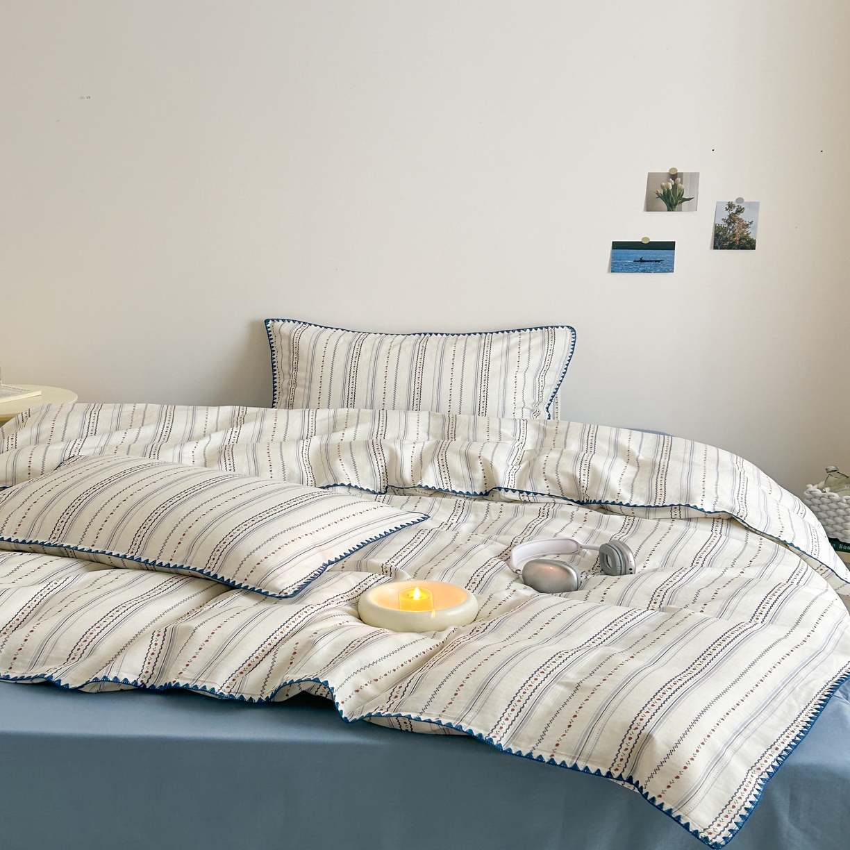 91家纺网 家纺一手货源 找家纺 2025新款工艺款全棉双层纱小清新贝壳边四件套 花韵