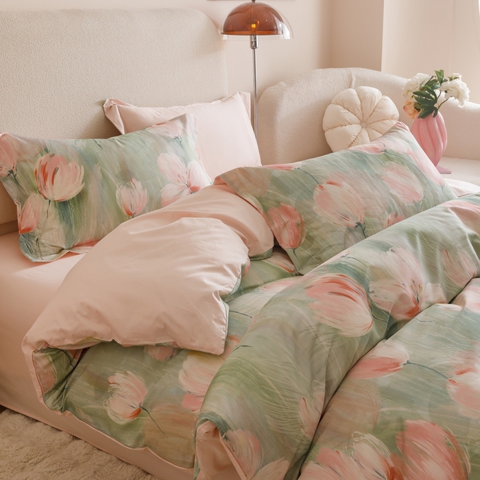 91家纺网 家纺一手货源 找家纺 2025新款全棉纯棉【如梦令】红金裸盖棉四件套【标准号全网控价（折后券后）不低于199元】 青枝柔蔓