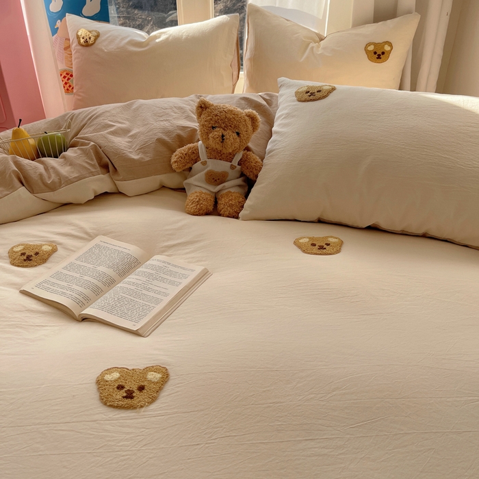 91家纺网 家纺一手货源 找家纺 慕尚家纺 2025新款春夏新款色织水洗棉毛巾绣四件套 嘟嘟熊 白