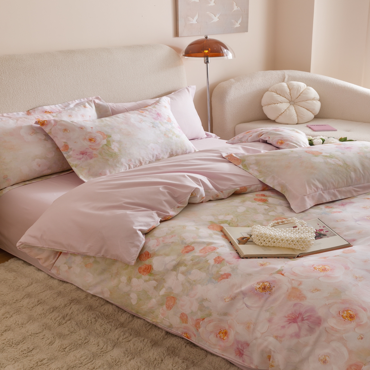 91家纺网 家纺一手货源 找家纺 2025新款全棉纯棉【如梦令】红金裸盖棉四件套【标准号全网控价（折后券后）不低于199元】 繁花漫漫