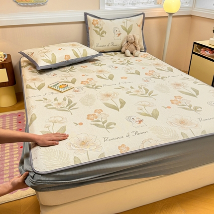 沐慕 2025新款高克重600D冰丝印花冰藤床笠 床笠-森系小兔