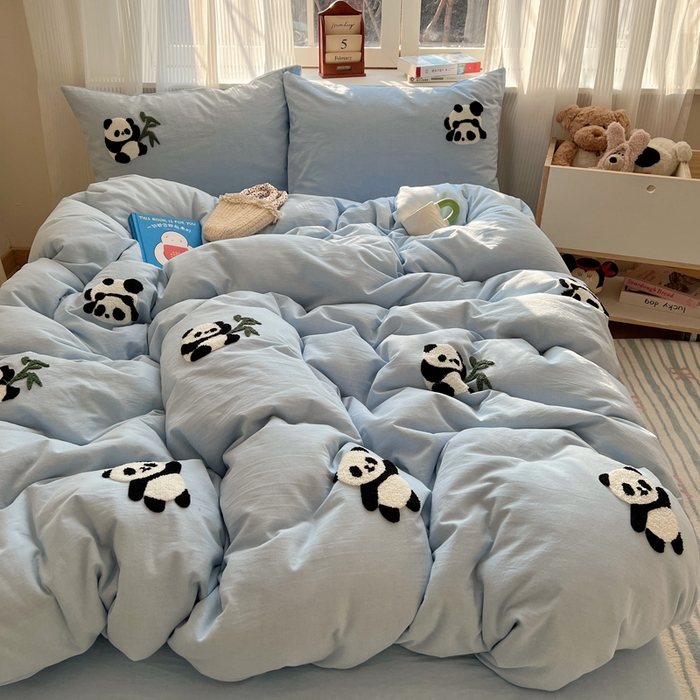 91家纺网 家纺一手货源 找家纺 慕尚家纺 2025新款春夏新款色织水洗棉毛巾绣四件套 熊猫 蓝