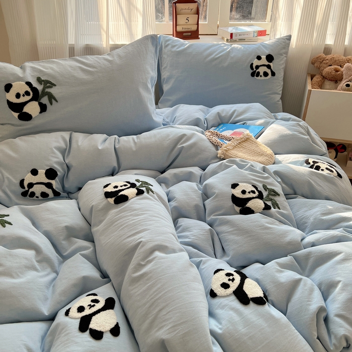 91家纺网 家纺一手货源 找家纺 慕尚家纺 2025新款春夏新款色织水洗棉毛巾绣四件套 熊猫 蓝