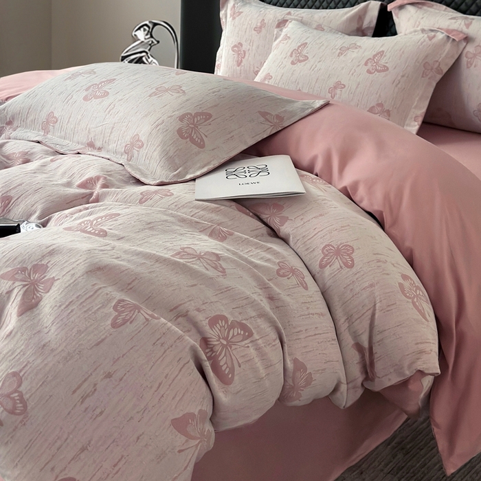 91家纺网 家纺一手货源 找家纺 朵希曼 2025新款轻奢全棉提花系列四件套 蝶恋-粉